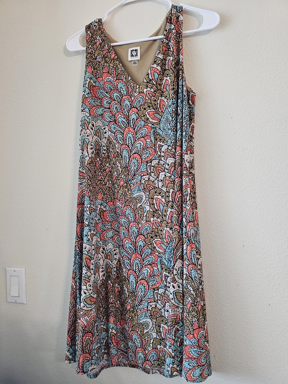 Anne Klein Sleeveless V-Neck Midi Dress in Coral, Teal & Brown - Picture 1 of 3